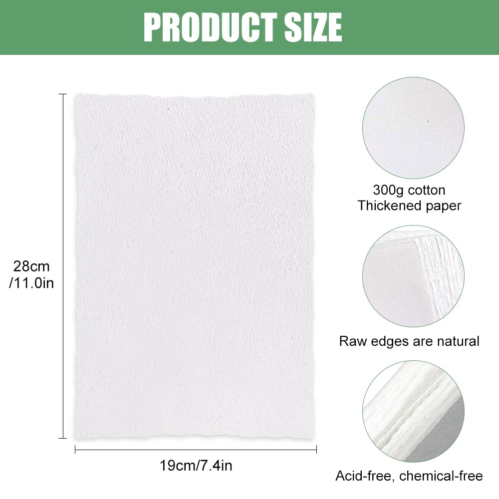 Bieiyhe 20 Feuilles Papier Fait Main 28x19 Cm 300GSM - Papier Aquarelle Coton Avec Bords Déchirés Pour Dessin, Invitations Et Artisanat
