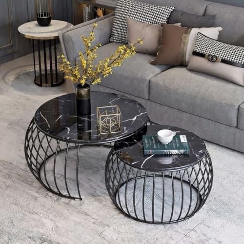 Image of Modern Coffee Tables Round Marble Laminated Tables Set of 2, Stacking Couch Center Table with Golden Metal Frame for Living Room, Bedroom or Apartments (Z Black)