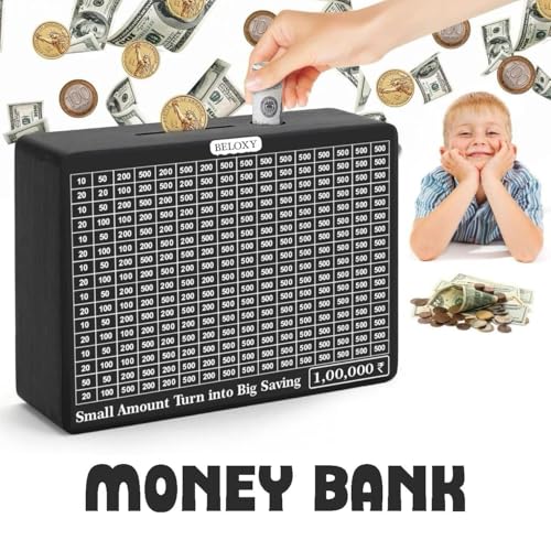 Image of Money Saving Box for Kids and Adults | Wooden Money Bank with Lock | Big Size Piggy Bank 2 Lakh Target | 1 Lakh Saving Box with Numbers | Undiyal Hundi Pig (Black)