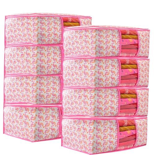 Image of Non-Woven Saree Covers with Zipper & Transparent Window | Clothes Storage Bags for Wardrobe Organization | Dustproof Garment Storage for Sarees, Dresses, and Clothes (Pink, Pack of 8)