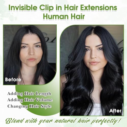 Image of 14 Inch Jet Black Clip in Hair Extensions Real Human Hair, 8pcs /60g Seamless Invisible Human Hair Clip in Extensions for Women, 10A Brazilian Virgin Remy Human Hair Extensions Clip ins Double Weft