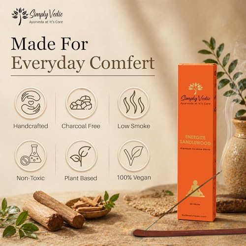 Image of Simply Vedic Luxe Sandalwood Incense Sticks (50 Sticks) Hand Rolled Masala Agarbatti with Holder | Natural Chandan Fragrance for Puja Meditation Daily Use Long Lasting Low Smoke Home Fragrance