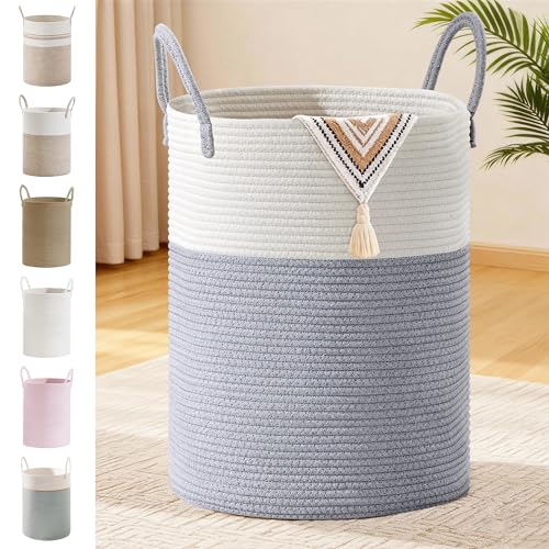 Image of 100L Extra Large Tall Cotton Rope Laundry Basket with Handles, Grey