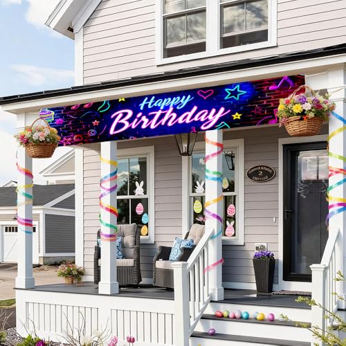 Image of Neon Happy Birthday Outdoor Banner 78.7 x 17.7 Inch Colorful Glow Letters with Music Notes Stars and Hearts Pattern Party Decoration for Yard Garden Fence Porch Patio or Outdoor Celebration Display
