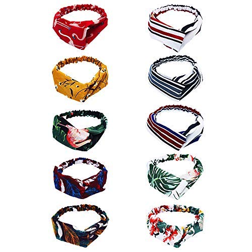 10 Pack Women's Boho Headbands Cross Elastic Hair Band Accessories Head Wrap (A-10)