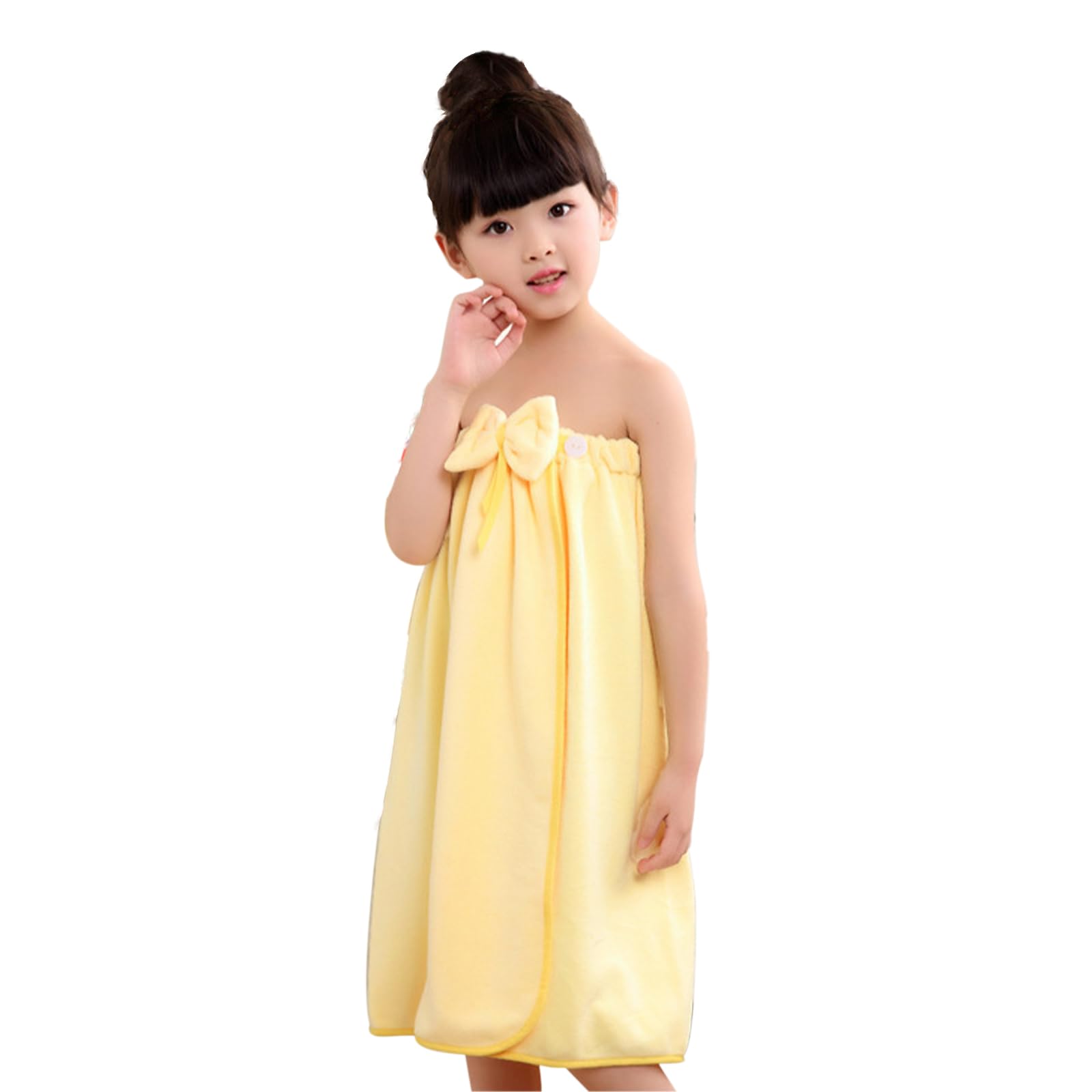 TINAYAUE Girls Bath Towel Wrap Water Absorption Soft Fleece Bath Skirt Cute Bowknot Tube Dress for Kids Student Swimming Bathing Beach Pool Shower Cover Up Bathrobe Hot Spring Spa Robe (Light Yellow)