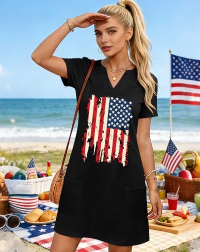 Image of Ithalt 4th of July Dresses for Women Patriotic Dress Red White and Blue Outfits American Flag V Neck Sundress with Pockets