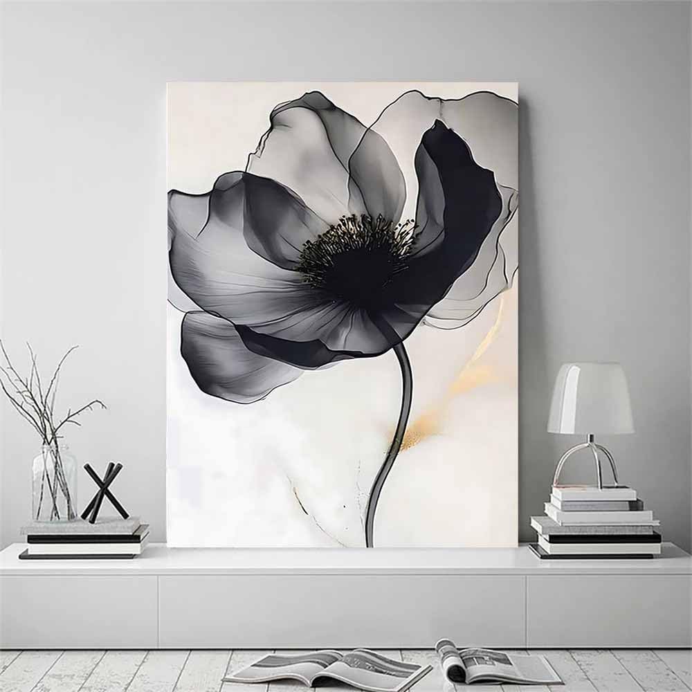 QUSAAOU Art Wall Decor Schwarz Weiß Blume Zeitgenössisch Schlicht Wanddeko Bild Schlafzimmer KüChe Deko Wandbilder Dekoration Wohnzimmer Wall Decor Canvas Wand Kunstdruck(Schwarz)-60x90cm Gerahmt