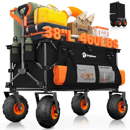 38'L Collapsible Beach Wagon with Big 10' Balloon Wheels for Sand, 460lbs Weight Capacity 220L Wagons Carts Foldable Heavy Duty with All Terrain Tires, Folding Cart for Camping, Grocery, Sport - Black