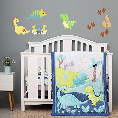 Image of Baby Bees 3 Pieces Dinosaur Crib Bedding Sets for Boys and Girls | Baby Bedding Set of Fitted Sheet, Wall Decals & Quilt for Standard Size