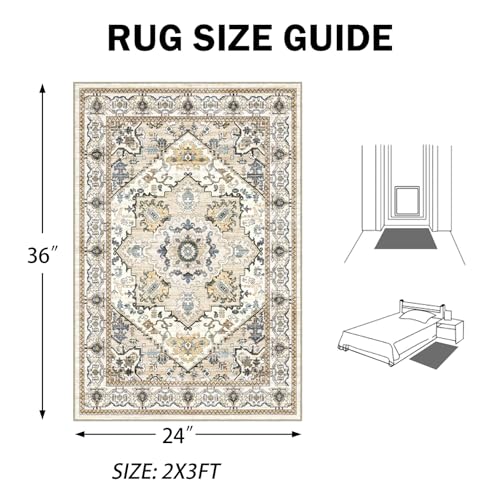 Tapete Boho Beige Antideslizante Lavable 2x3 pies miniatura 2
