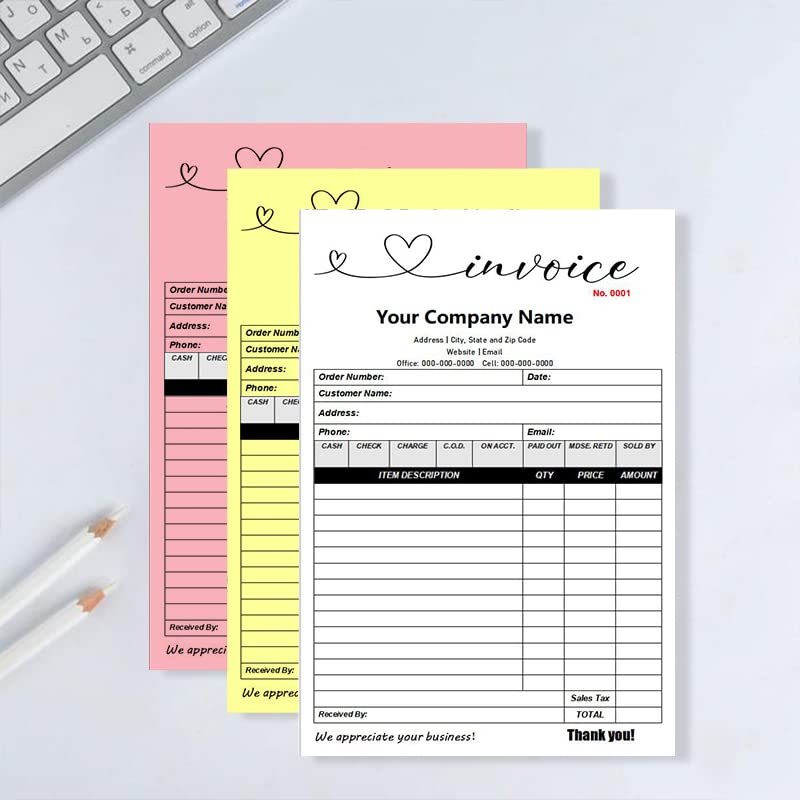 Custom Carbonless Sales Rechnungsformular Bücher für kleine Unternehmen, personalisiertes NCR 3-teiliges Quittungsbuch mit Carbon-Kopien, Cover hinzufügen Firmenname, Adresse und Nummer gedruckt
