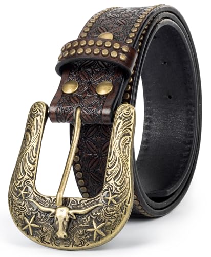 Image of Western-Leather-Belts-Women Vintage Waist-Belts with Hollow Out Flower