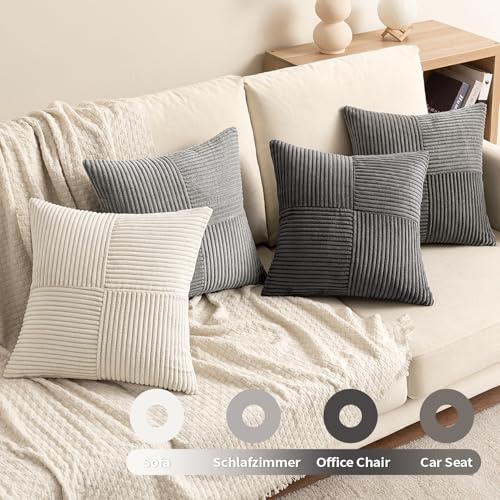 EMEMA Kissenbezug Kordsamt 4er Set Patchwork Kissenhülle 40x40 cm Zierkissenbezug Dekokissen Sofakissen Kord Dekorative Kissen für Sofa Sessel Zuhause Schlafzimmer Grau Serie