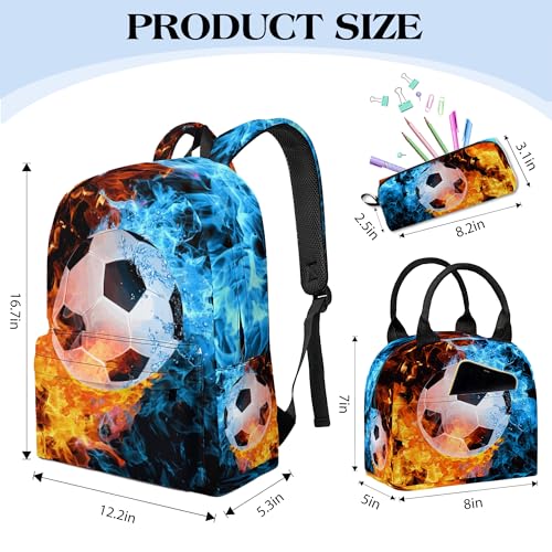 Image of Soccer Printed Backpack Set for Boys Kids, 3Pcs Bookbag with Pencil Case for school, 17 Inch Lightweight Laptop Backpack with Lunch Bag for Mens Teens Office, High School
