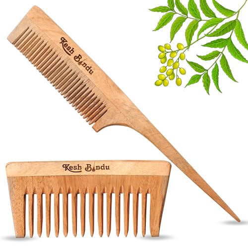 Image of Handmade Kacchi Neem Wooden Comb For Men & Women Detangling, Frizz Control & Shine, Suited For All Hair Diffrent Type of Kangi Combo Pack 2pis (Wide Tooth + Tel)