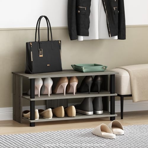 Image of Furinno Sully 3-Tier Stand for TV up to 40, French Oak Grey /Black | Rectangular Entertainment Center with Open Shelf, TV Console, Open Frame for Cable Management, for Living Room, Bedroom