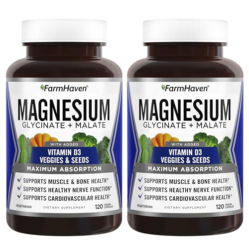 FarmHaven Magnesium Glycinate & Malate Complex w/Vitamin D3 100% Chelated for Max Absorption- Bone Health Nerves Muscles 240 Capsules 120 Days