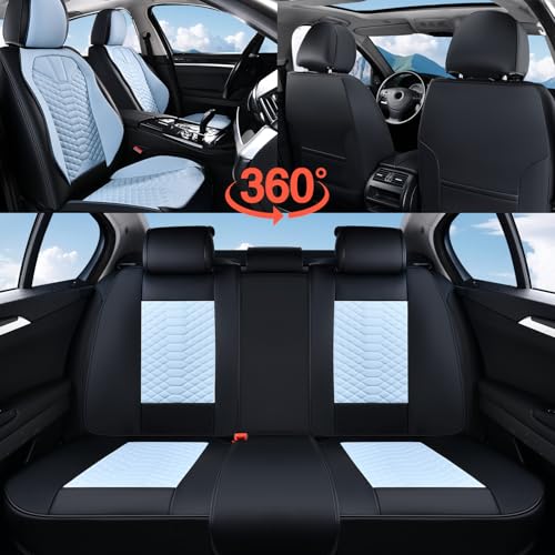 Image of Coverado Leather Seat Covers, Car Seat Covers Full Set, Waterproof Nappa Leather Car Seat Cover, Car Seat Protectors 5 Seats, Black & Blue Automotive Seat Covers Fit for Most Cars Trucks