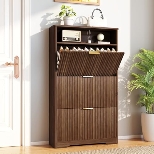 Image of Rovibek Shoe Cabinet Storage for Entryway, Narrow Shoe Rack with 3 Flip Drawers, Wood Fluted Shoe Cabinet Mid-Century & Rounded Corner Design, Hidden Shoe Storage for Entryway, Walnut