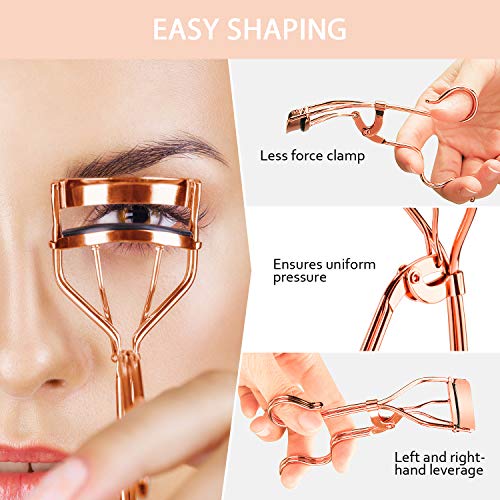 Eyelash Curler, Terresa 4 in 1 Beauty Eye Lash Curlers with Tweezers and Replacement Silicone Refill Pads, Women Makeup Kits for All Eye Shapes (Rose Gold)