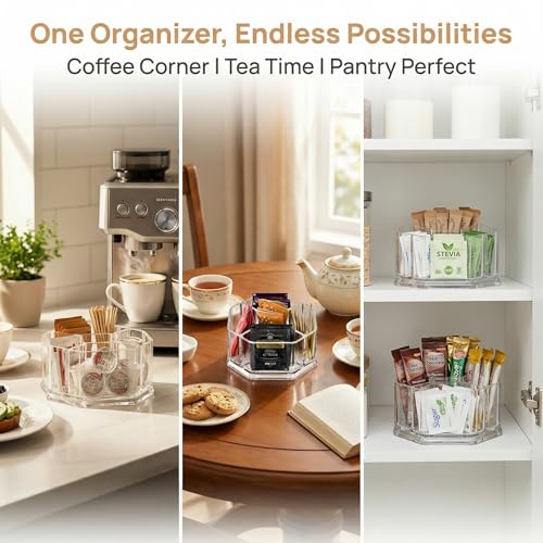 Image of Hiceeden Acrylic Tea Bag Organizer, 5 Compartment Sugar Packets Holder Divided Coffee Condiment Storage Caddy Box for Kitchen Cabinet, Countertop, Tabletop