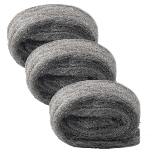 Meccion Stahlwolle 0000 Extrafein 3 Stück (2.5m/Rolle) Steel Wool für Poliert Gewachstes Holz, Kupfer, Messing, Mattiert Oberflächen und säubert Glas, Keramik, Fliesen Usw.