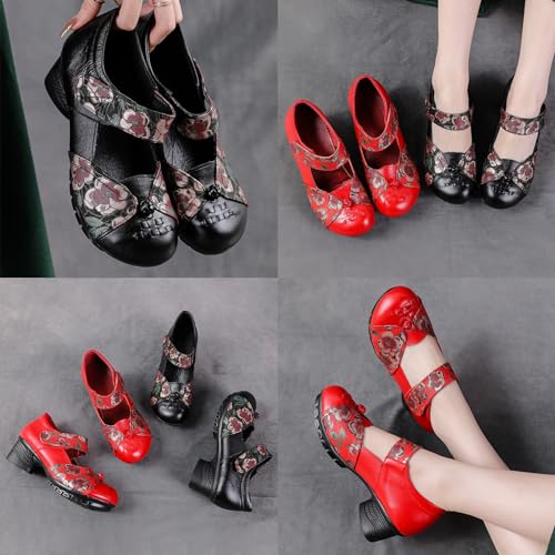 Women's Leather Low Block Heels Dress Pumps,Comfort Vintage Print Woven Closed Toe Ox Soft Sole Mary Jane Casual Shoes3