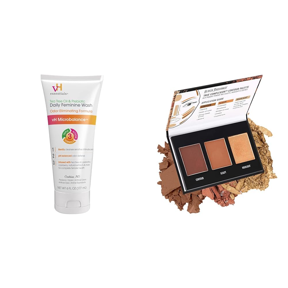 vH essentialsTea Tree Oil & Prebiotic Daily Feminine Wash, 6 Fl Oz & Black Radiance True Complexion Contour Palette, 0.38 Ounce
