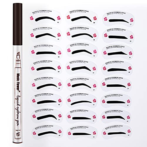 Tattoo Eyebrow Pen & 24 Eyebrow Stencil, Waterproof Ink Gel Tint with Four Tips, Long Lasting Smudge-Proof Natural Hair-Like Defined Brows All Day (Chestnut), Reusable Eyebrow Template