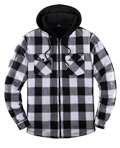 ThCreasa Mens Plaid Flannel Jacket with Hood, Fuzzy Sherpa Fleece