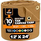 Xpose Safety Canvas Tarp - 10oz Tan Canvas Tarps Heavy Duty Water Resistant with Brass Grommets- Multipurpose Outdoor Tarpaulin for Camping, Canopy, Trailer, Equipment Cover 12' x 24'