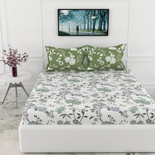 Image of LORETO - A QUALITY LINEN BRAND 144 TC 100% Pure Cotton King Size Fitted Bedsheet with 2 Pillow Covers for 72 x 72 Inch Mattress, All-Around Elastic, 8 Inch Deep Pocket, Sage Green Floral Harmony