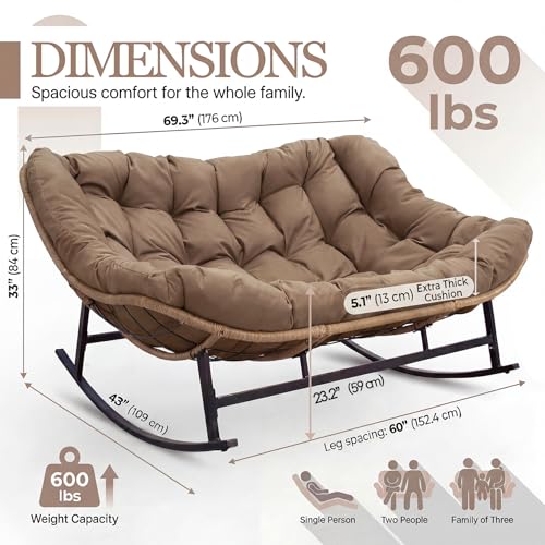 Image of NICESOUL Double Large Papasan Chair Outdoor, Oversized 2 Person Egg Rocking Chair with Cushions, 700 lbs Heavy-Duty Wicker Loveseat Recliner Glider for Outdoor & Indoor Patio, Balcony & Garden, Brown