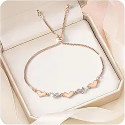 Pulseira de coração romântico para mulheres adolescentes, banhado a ouro rosa 18 K, pulseira ajustável com elos ajustáveis, presentes de aniversário e casamento para sua mãe