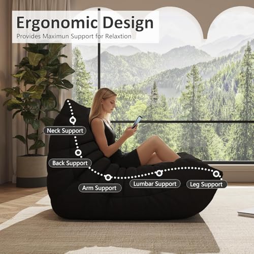 Image of Bean Bag Chairs for Adults, Memory Foam Reading Bean Bag Sofa Chair with Faux Fur Filler, Fireside Floor Gaming Chairs for Living Room, Bedroom and Office (Black, Single)