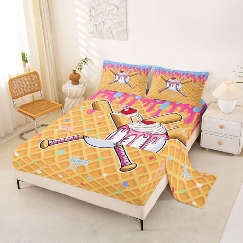 Image of Castle Fairy Baseball Cap Bed Sheets Queen Size,Ice Cream Cherry Plaid Print Bedding Set, Cute Sweet Sports Style Boys Girls Room Decor,Pink Yellow Sheet(Fitted+Flat+2 Pillowcases)