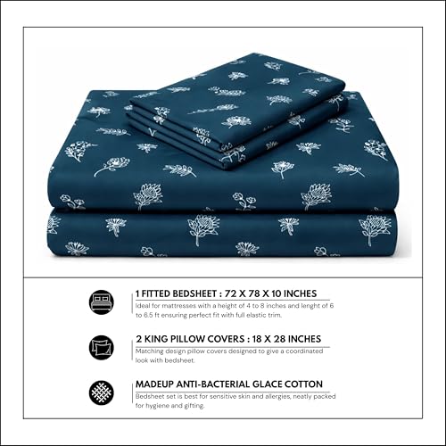Image of Elastic Fitted King Size Bedsheet Cotton for Double Bed | 72 inchx78 inch +10 Inch, Floral, Soft & Breathable, Fade & Shrink Resistant, 2 Pillow Covers | Teal Meadow Whisper, Sea Teal