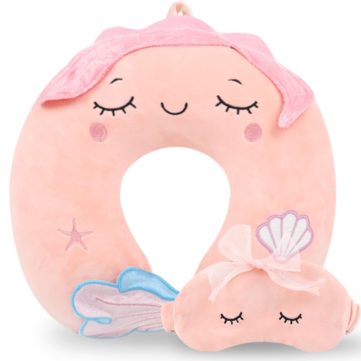 Travel Pillow, Travel Accessories for Car Airplane Traveling, Soft Memory Foam Kids Travel Pillow with Sleep Eye Mask Kids Neck Pillow for Boys &amp; Girls - Cute Pink Mermaid