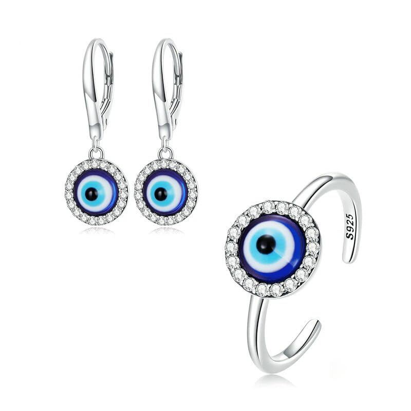 Authentic 925 Sterling Silver Demon Eye Pendant Ear Buckles & Adjustable Ring For Women Jewelry SSS-0310-81