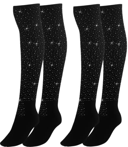 Image of Woman's Rhinestone Over Knee High Socks Stripe Knit Stockings Leg Warmers for Christmas Valentines day Events