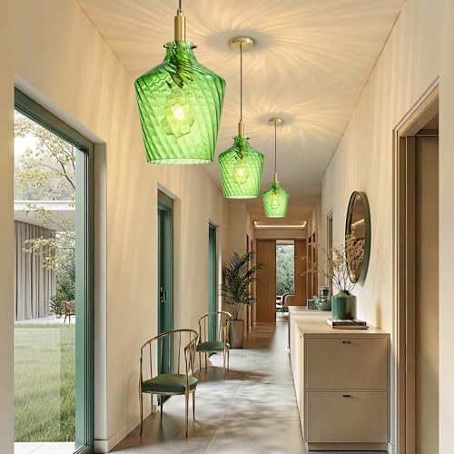 Image of Stripes Green Glass Pendant Light for Kitchen Island Gold 8 Inch 1 Pack