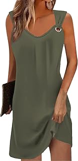 Yeenily Women’s Summer Dress, Sleeveless, V-Neck, Casual Dress, Elegant Tank Dress, Loose Strappy Dress, Summer Mini Dress, Fashion Beach Dress, Short Tunic, Blush Dress