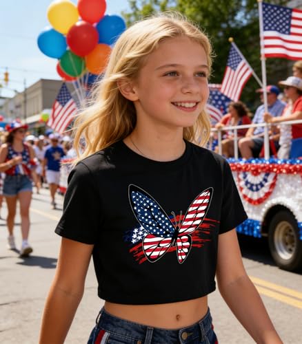 Image of Tkria Girl Crop Tops July 4th Crewneck Tshirt American Flag Patriotic USA Flag Girls Outfit Clothes Size 6-14