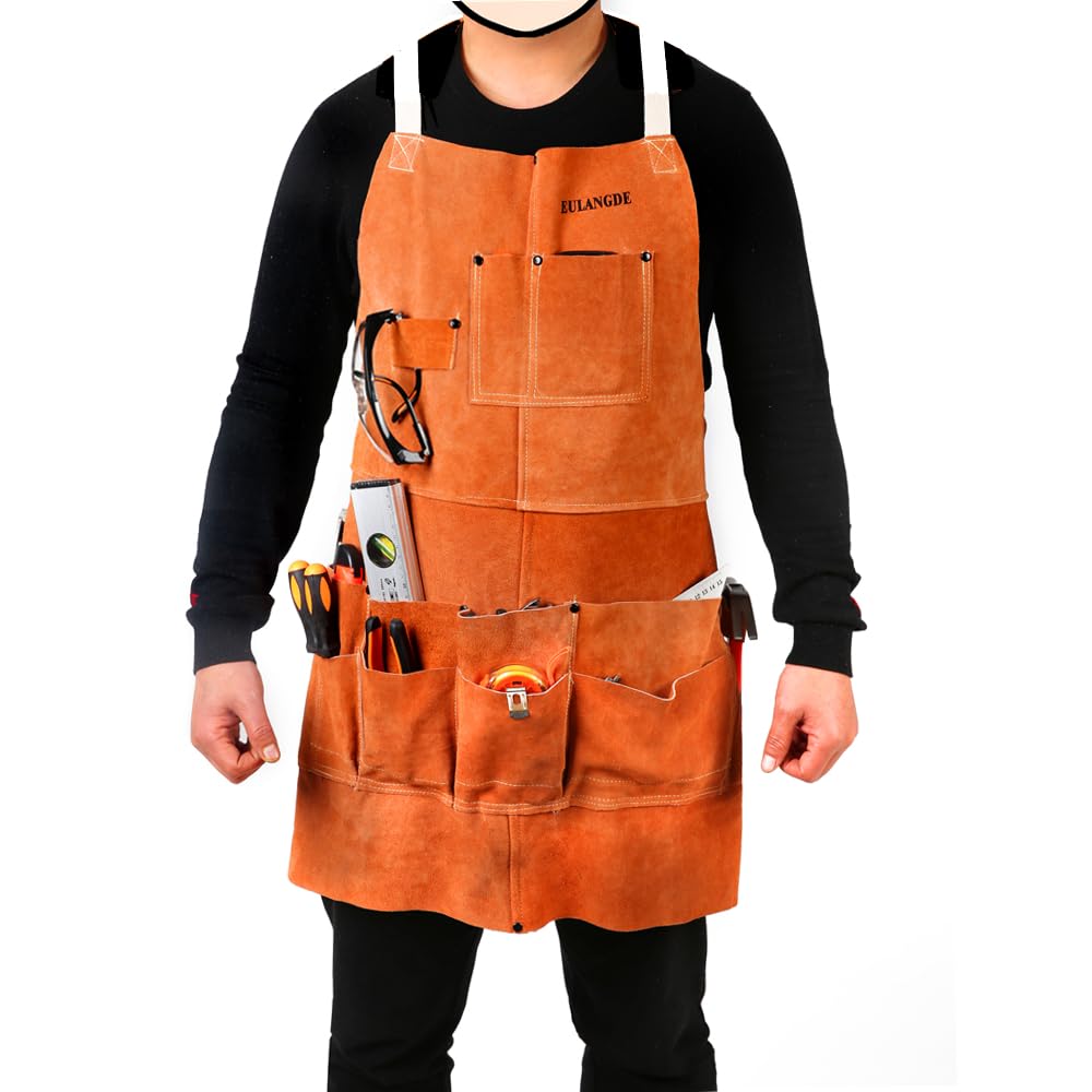 EULANGDE Premium Leather Apron Heavy Duty Work Apron Woodworking Apron Work Shop Apron Welding Apron Adjustable S to XXXL (27" W x 30" L)