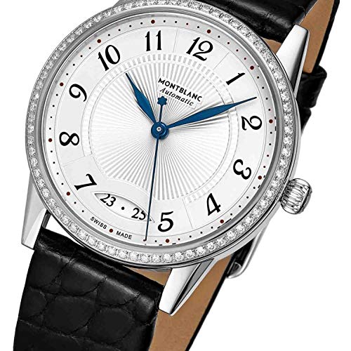 MONTBLANC Boheme Womens Automatic Diamond Watch - 34mm Silver Face with Second Hand, Date and Sapophire Crystal - Stainless Steel Black Leather Band Swiss Made Ladies Luxury Watch 1147343