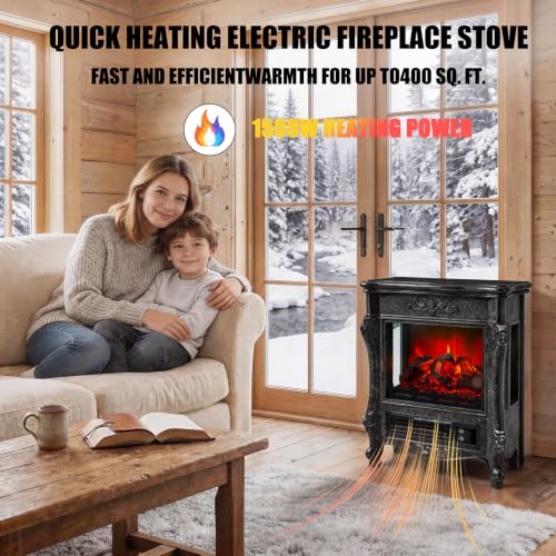 Image of FESTIVITY 18 inch Electric Stove Fireplace, 1500W Thermostat with 5100 BTU Heat Output, Adjustable Flame & Brightness Levels, Portable Electric Fireplace for Bedroom & Living Room-Black Marble