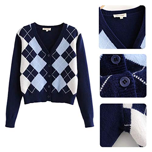 Womens Sweaters,for Women Long Sleeve Sweater Cardigan Vintage Rhombus Pattern V-Neck Coat Button Down Knitted Crop2