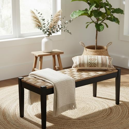 Image of Vintage Entryway Bench, 47 inch Acacia Wood Bench with Woven Seagrass Seat, Entryway Bench, Wicker Bench Indoor for Hallway, End of Bed, Rustic Farmhouse Boho Style, Indoor Decorative Bench (Black)