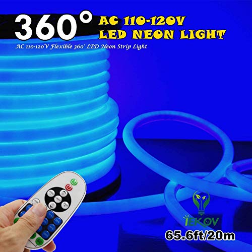[Upgrade] 360° Led Neon Light, Iekov™ Ac 110-120V Flexible 360 Degree Led Neon Strip Lights, Dimmable & Waterproof Neon Led Rope Light + Remote Controller For Decoration (65.6Ft/20M, Blue) #TOP6